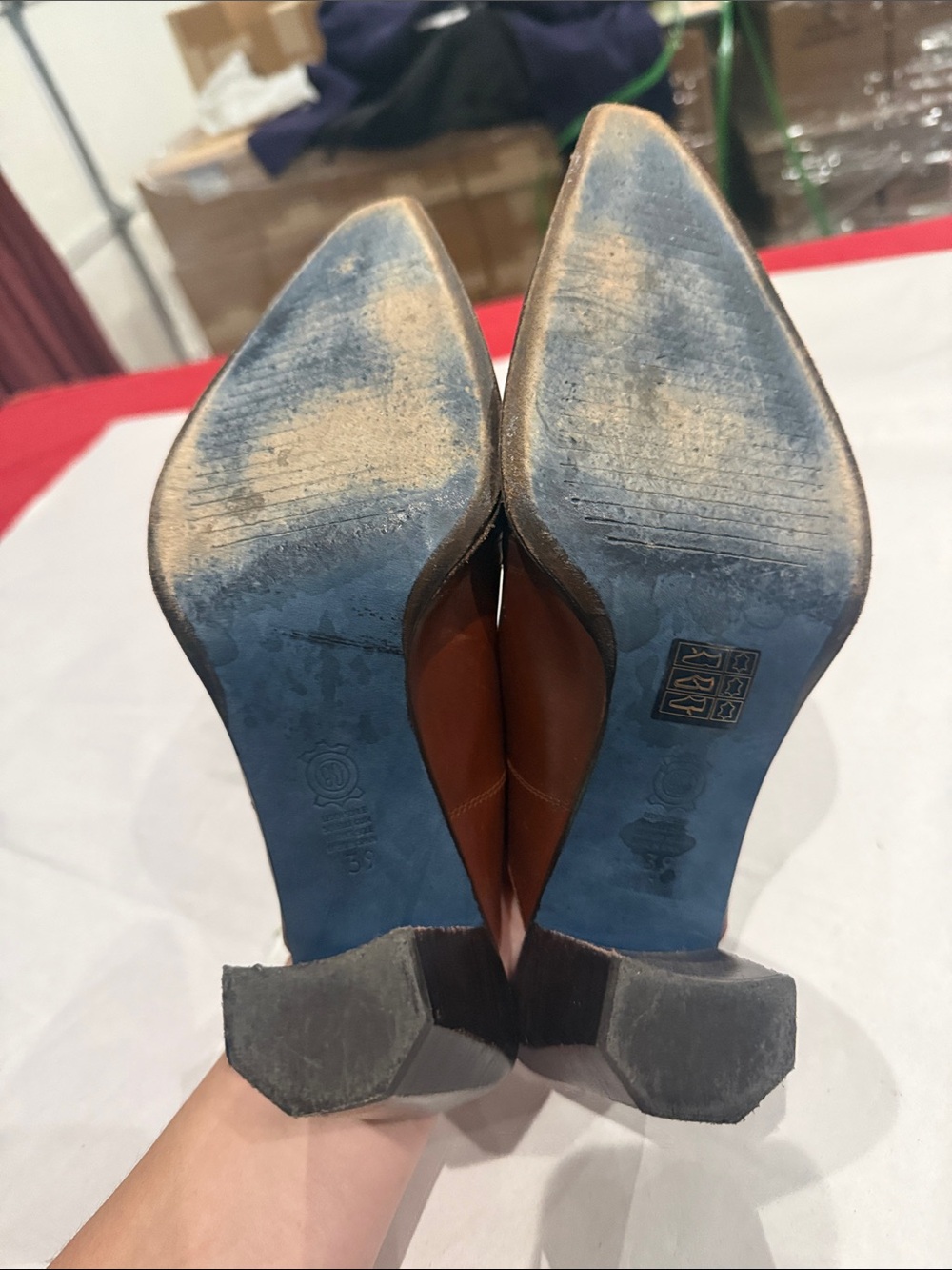 Rebeca Sanver Brown Leather and Navy Embroidered Mule Heels - Picture 4 of 5